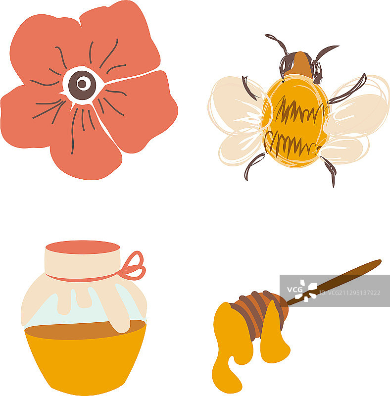 白色花朵上孤立的涂鸦蜜蜂黄蜂图标集图片素材