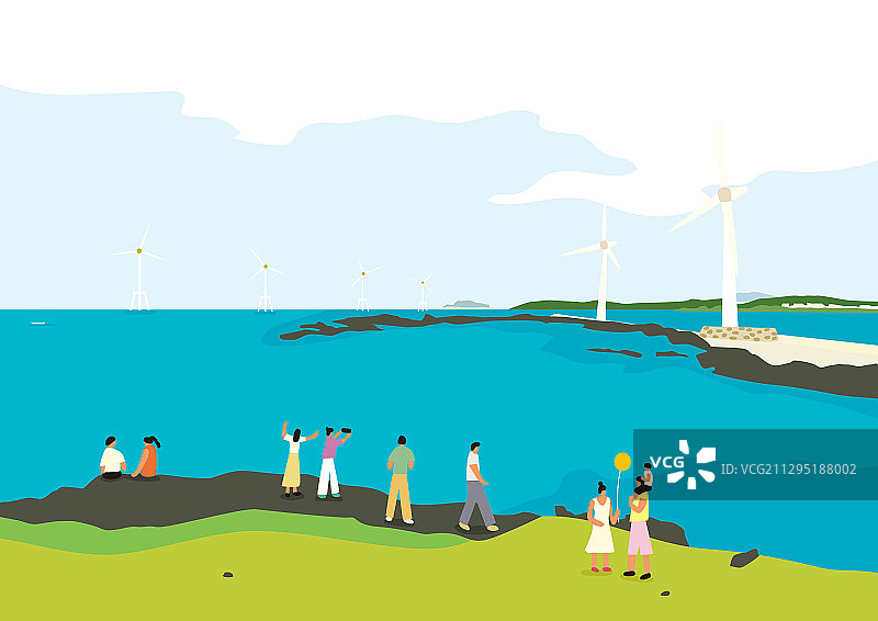 济州岛自然风光：风车与海岸图片素材