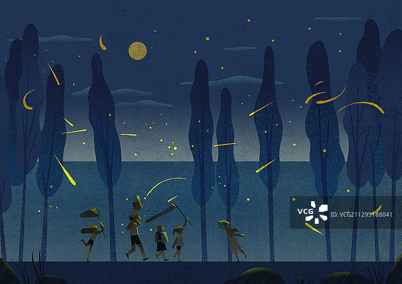 夏季夜晚萤火虫满月儿童风景图片素材