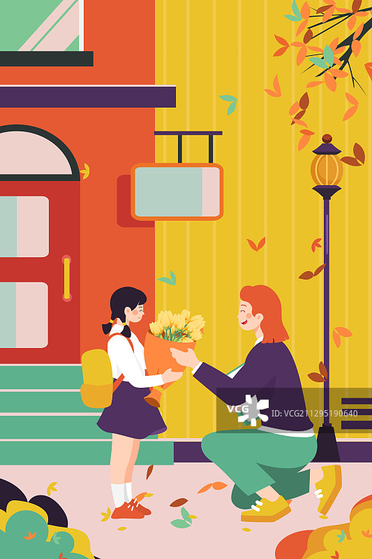 卡通秋季踏秋出游旅行亲子游教师节开学季姐妹出游矢量插画图片素材