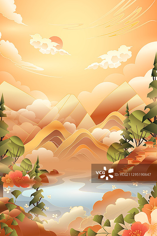 卡通中国风国潮秋季踏秋立秋自然风景秋游处暑风光矢量插画图片素材