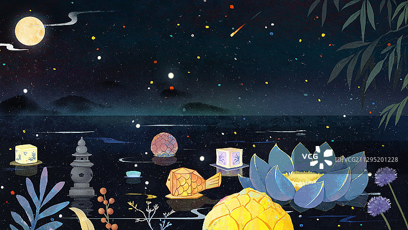 处暑插画 放河灯图片素材