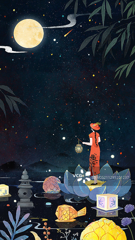 处暑插画 放河灯图片素材