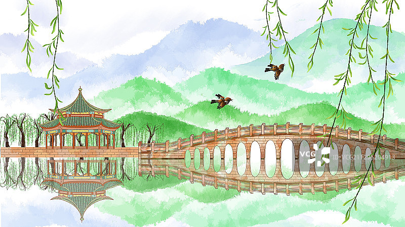 北京颐和园十七孔桥中国风水墨插画图片素材