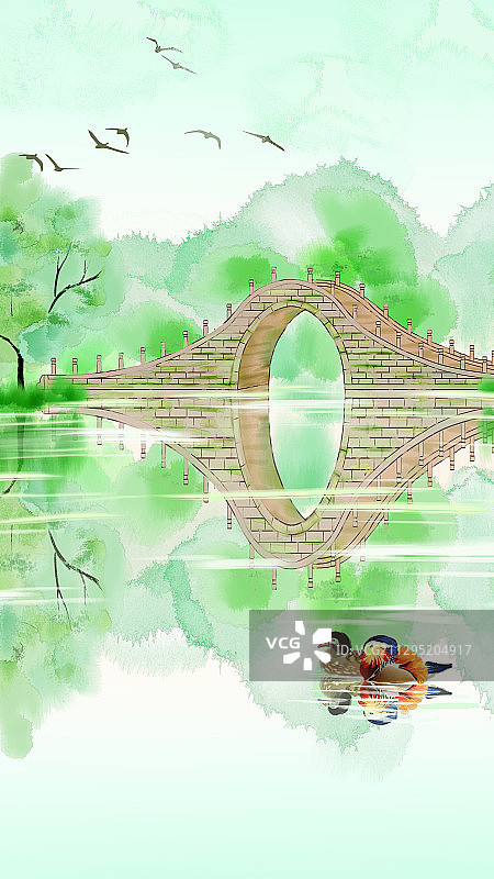 北京颐和园玉带桥中国风水墨插画图片素材