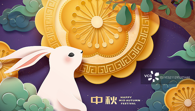 赏月玉兔剪纸风插图图片素材