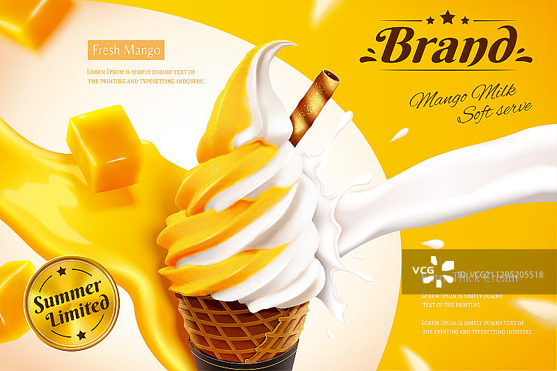 香草芒果蛋卷冰淇淋广告图片素材