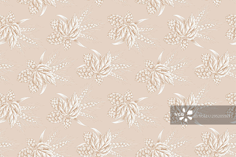 铜版画风啤酒花与小麦无缝背景图片素材