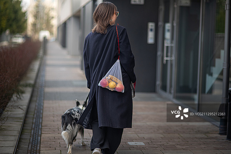 年轻女人和边境牧羊犬在街上行走，手提可重复使用的购物袋，波兰克拉科夫图片素材