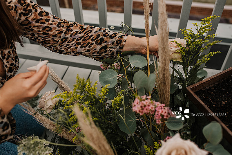 在美国科菲维尔照料室内植物的白人女性图片素材