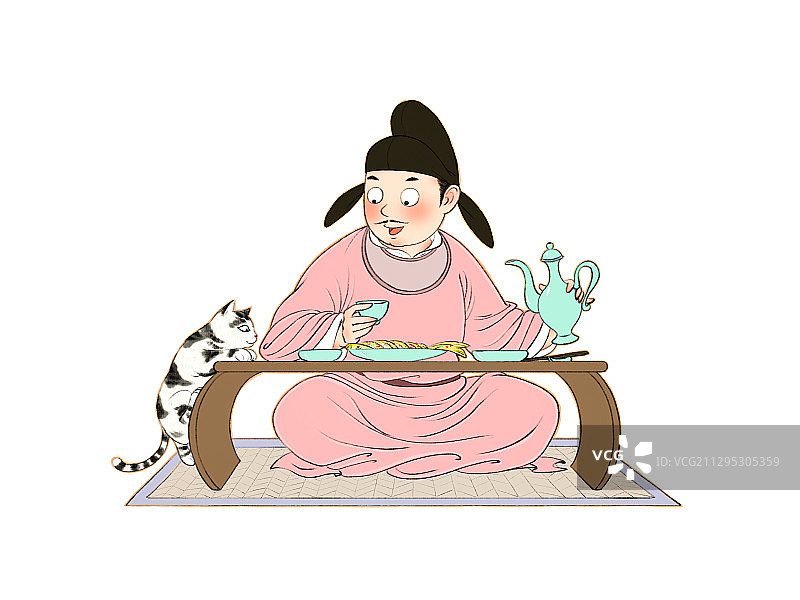 李白喝酒吃鱼猫在桌边馋嘴儿童插画图片素材