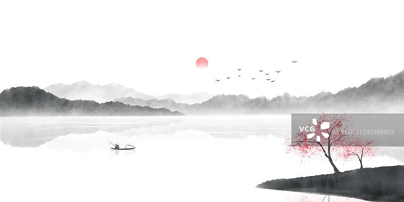 手绘中国风水墨山水画图片素材