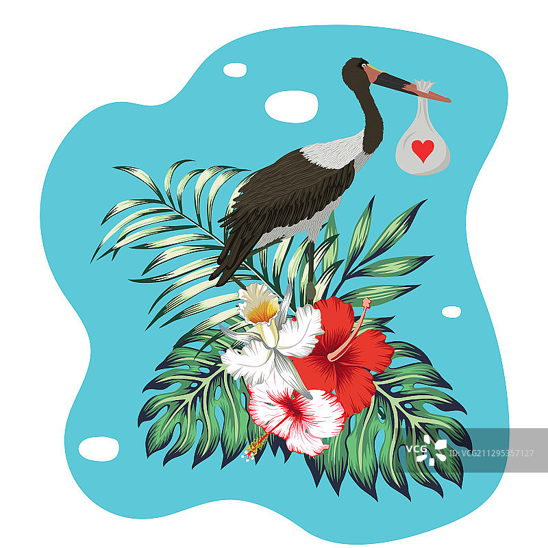带有孩子和热带印花的鹳鸟图片素材