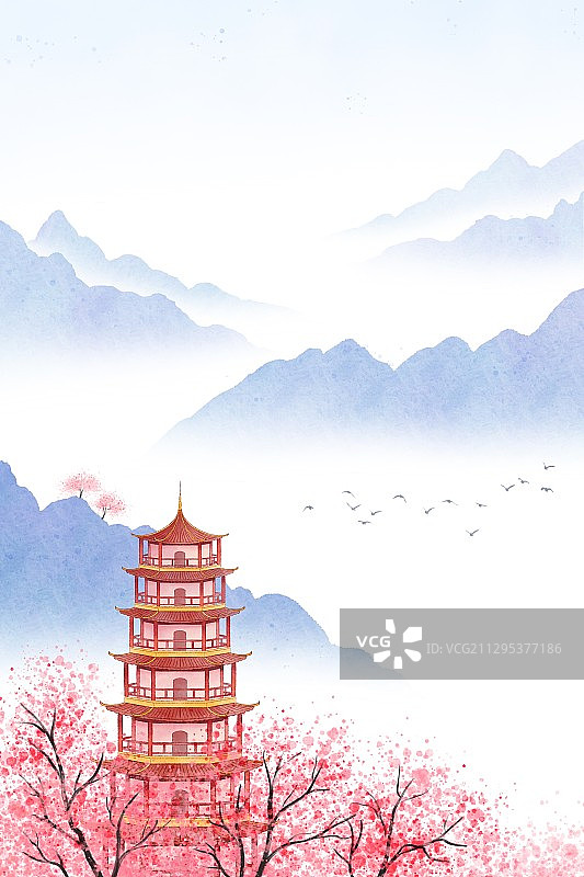 手绘中国风山水画图片素材