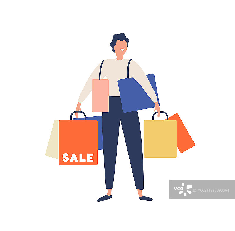 微笑的卡通男人拿着一堆购物袋图片素材