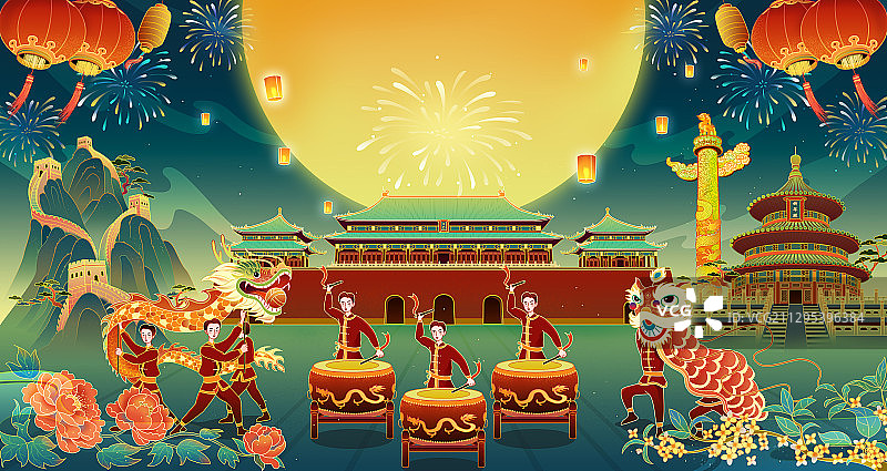 中秋国庆北京建筑前舞龙舞狮子欢庆国潮插画图片素材