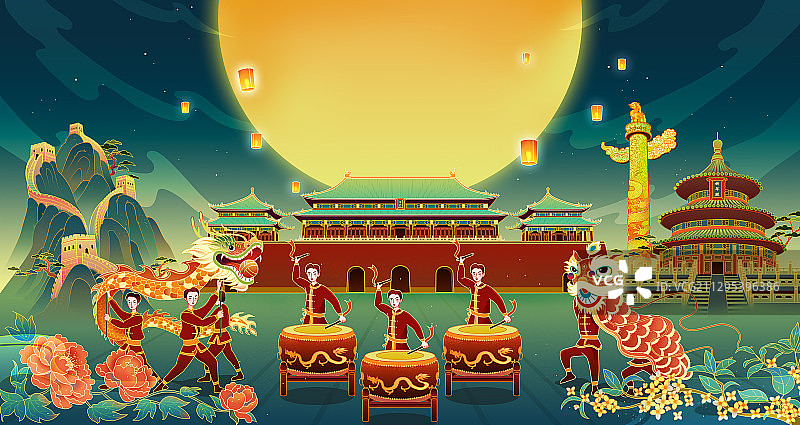 北京建筑前舞龙舞狮子欢庆国潮插画图片素材