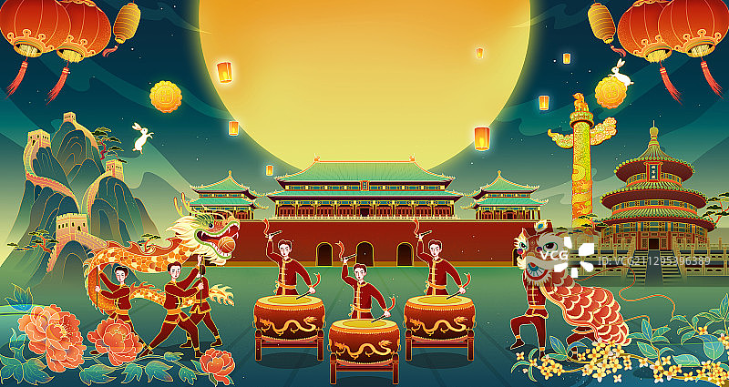 中秋国庆北京建筑前舞龙舞狮子欢庆国潮插画图片素材
