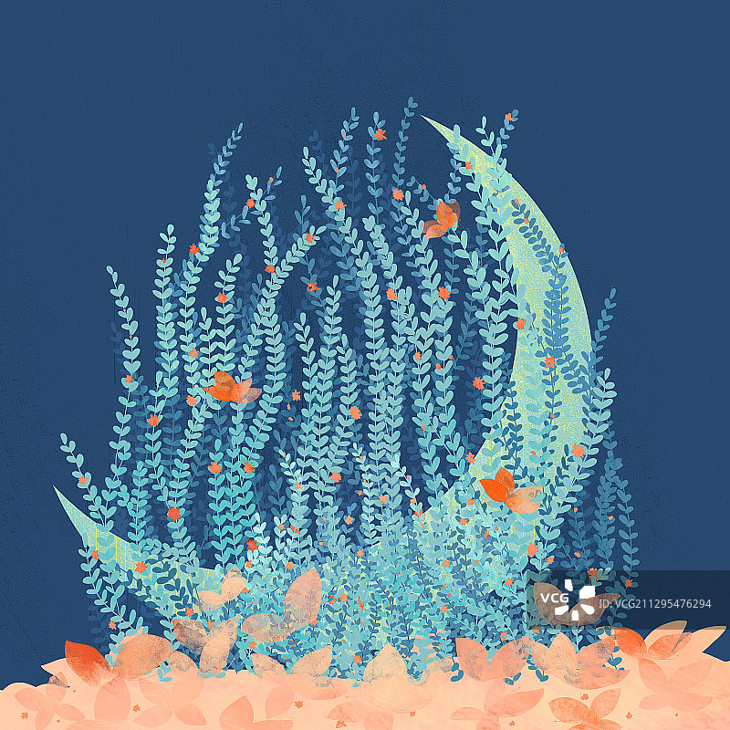 花藤缠绕的月亮与飞舞的蝴蝶梦幻手绘插画图片素材