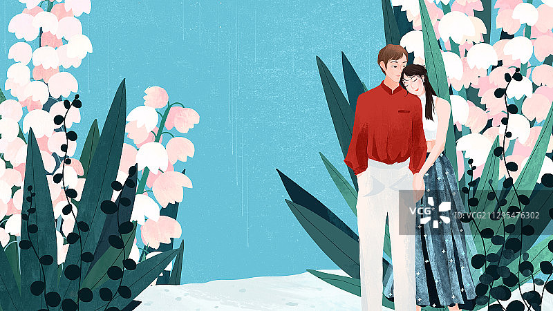 情人七夕节凤尾兰前拥抱的恋人手绘插画图片素材