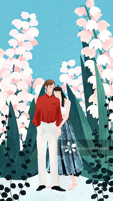 情人七夕节凤尾兰前拥抱的恋人手绘插画图片素材