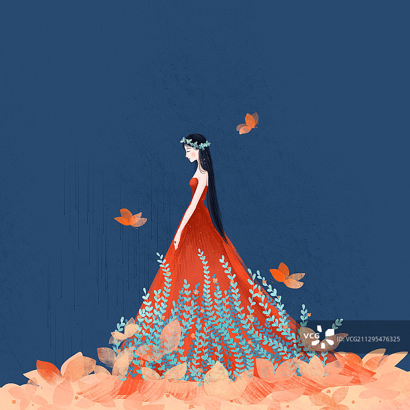蝴蝶丛中的长发花藤婚纱美女手绘插画图片素材