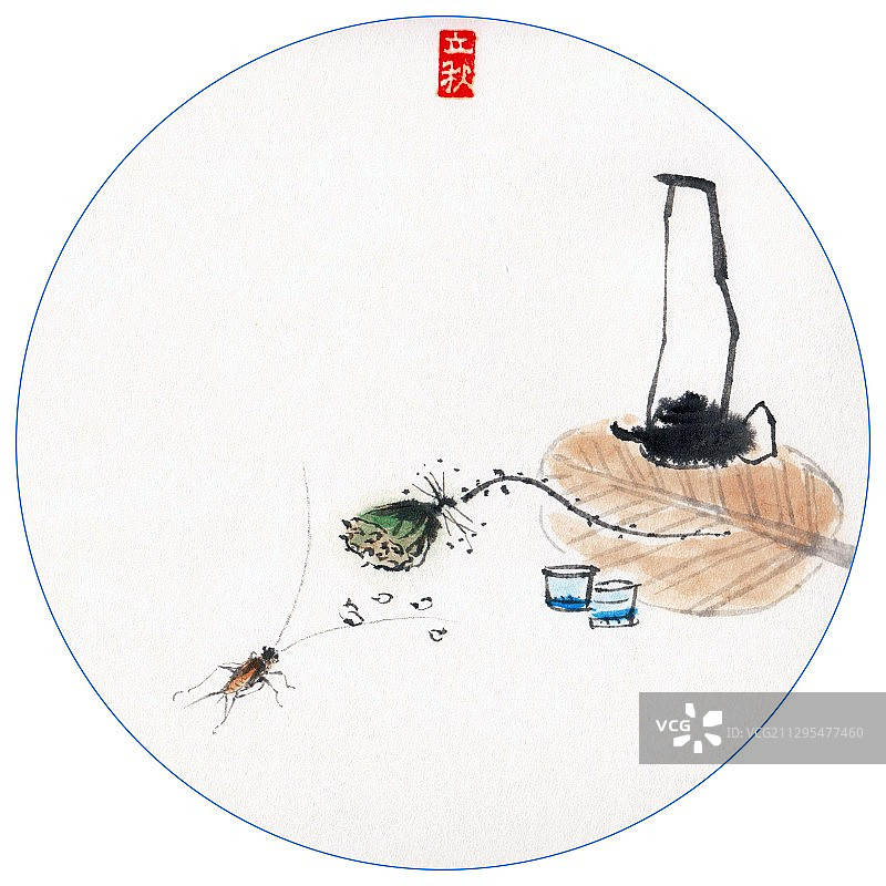 水墨花鸟插画二十四节气之立秋图片素材