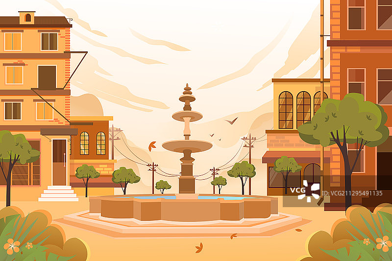 卡通秋季城市风景建筑交通出行生活方式情侣自驾游青年矢量插画图片素材