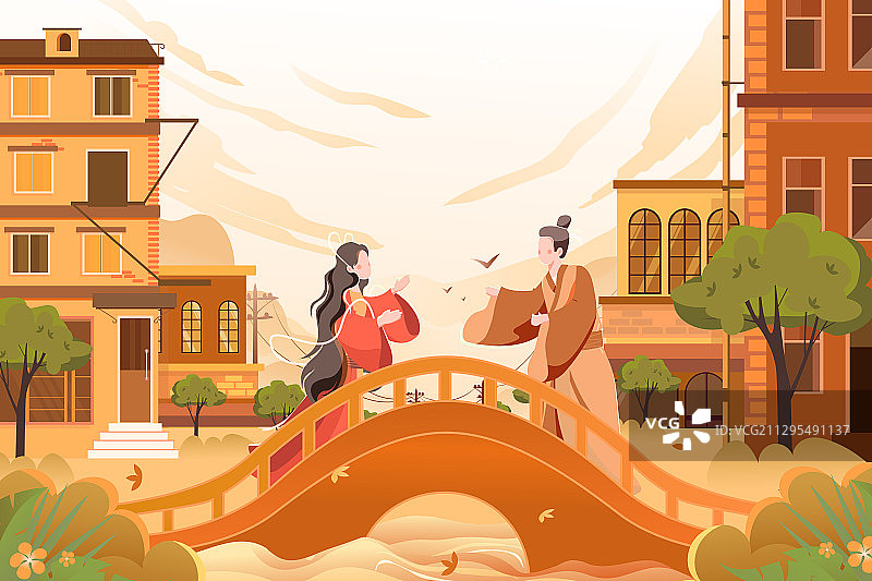 卡通情侣七夕节牛郎织女秋季城市风景建筑生活方式矢量插画图片素材