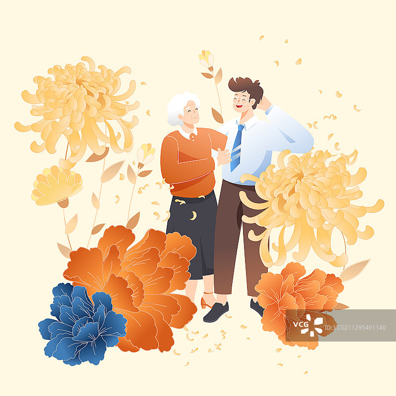卡通重阳节亲子团圆家人关爱老人母爱亲情秋季景观风景矢量插画图片素材