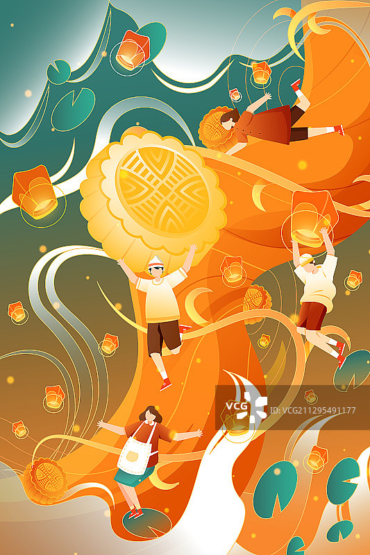 卡通中秋节家人团圆吃饭美食促销电商活动中国风国潮仙鹤矢量插画图片素材