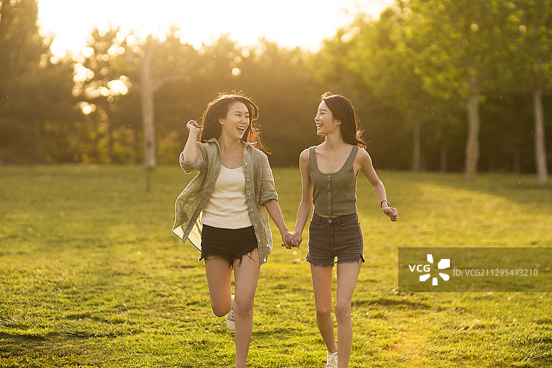 闺蜜在草地上开心的玩耍嬉戏图片素材