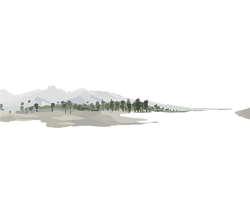 山峦河岸树木手绘插画图片素材