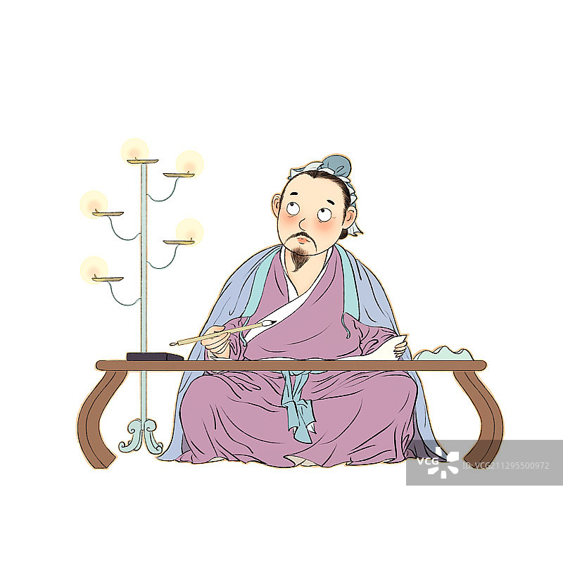 古代夜晚挑灯夜读勤奋学习儿童插画图片素材