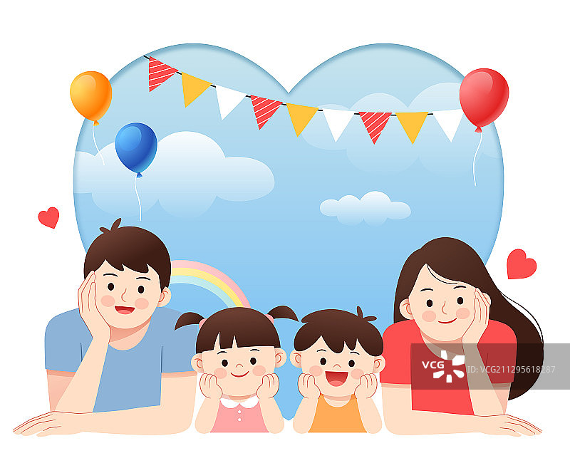 一家人和爱心蓝天背景图片素材