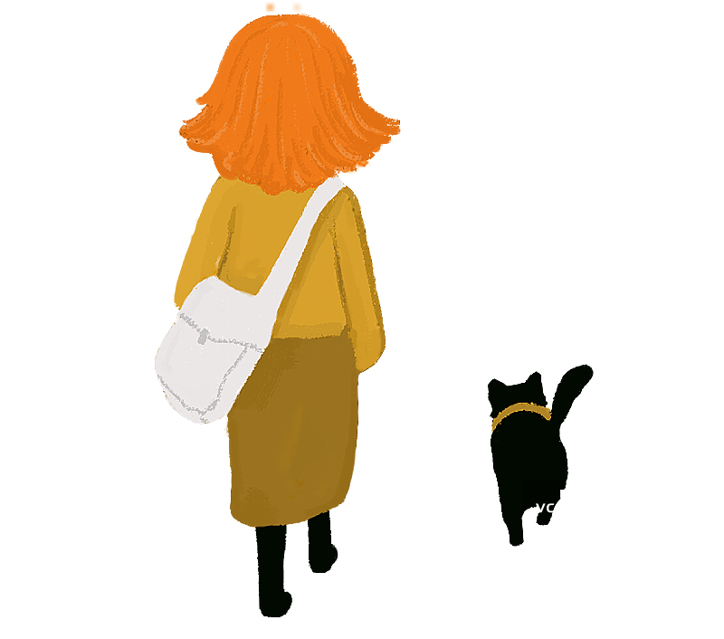 手绘女孩和猫插画图片素材