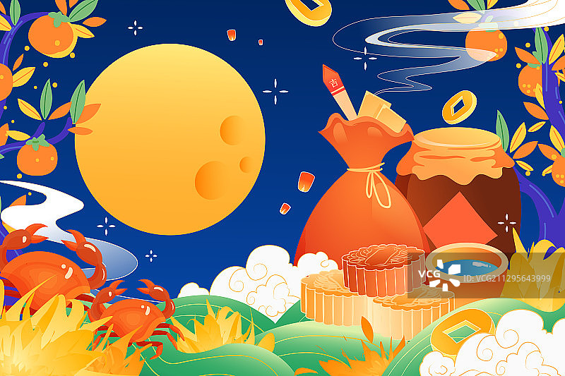 卡通中秋节家人团圆朋友吃饭聚餐美食电商中国风矢量插画图片素材