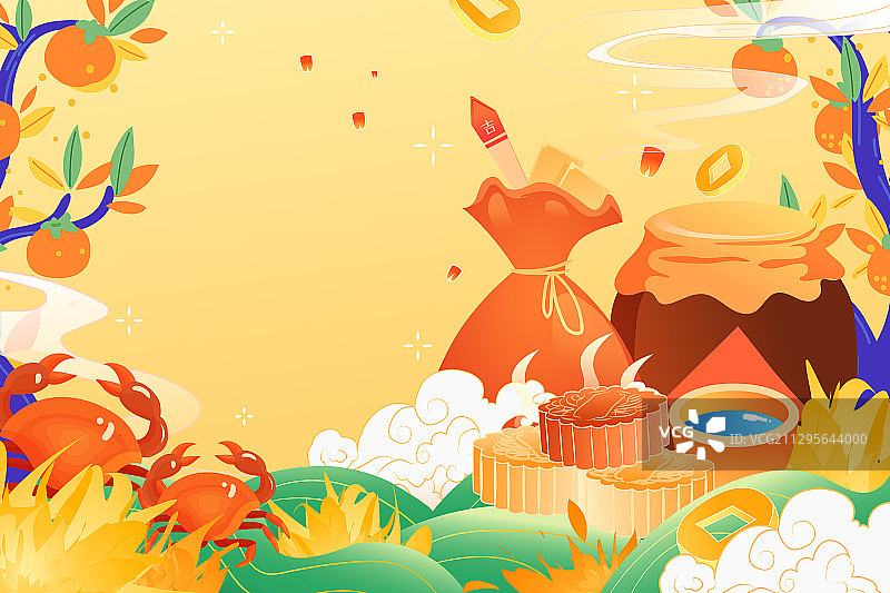 卡通中秋节家人团圆朋友吃饭聚餐美食电商中国风矢量插画图片素材