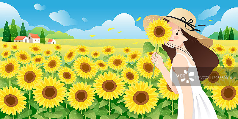 拿着花的女孩和向日葵背景横版图片素材