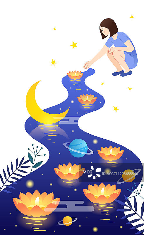 一个放河灯的女生和蜿蜒的河流图片素材