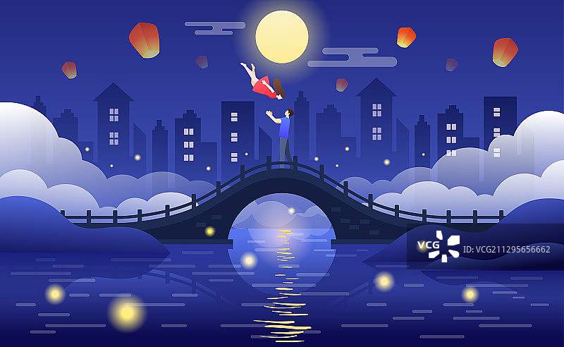 月下一对情侣在拱侨上横版图片素材