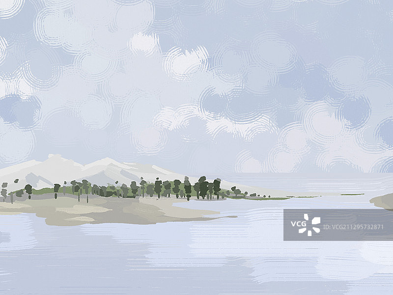 手绘秋季江边古风背景图图片素材