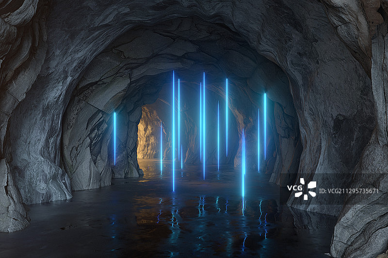岩石洞穴里传出的光亮 3D渲染图片素材