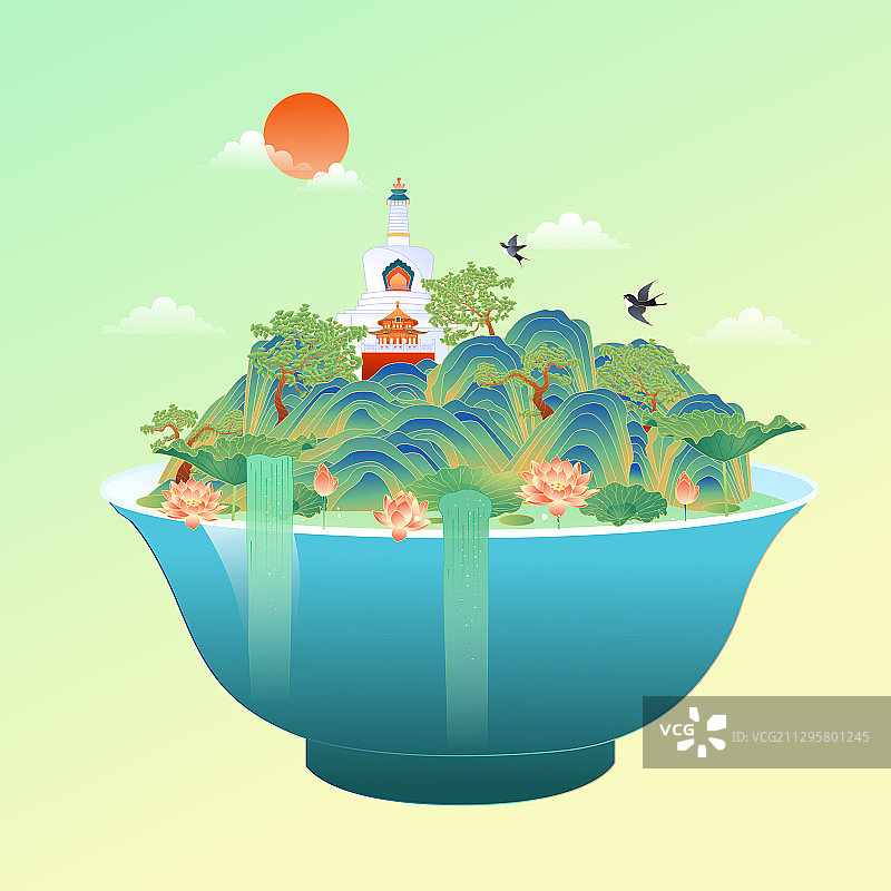 茶碗山水北京北海公园矢量插画图片素材