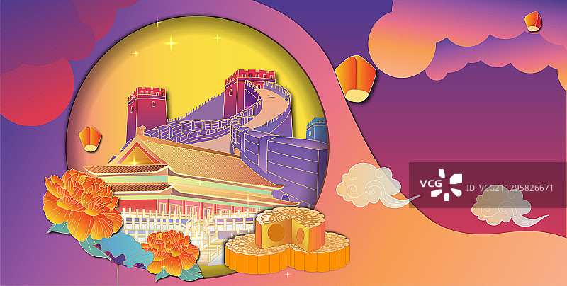 国庆节中秋节长城故宫剪纸风横版无字图片素材