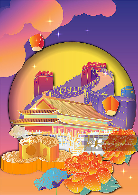 国庆节中秋节长城故宫剪纸风竖版无字图片素材