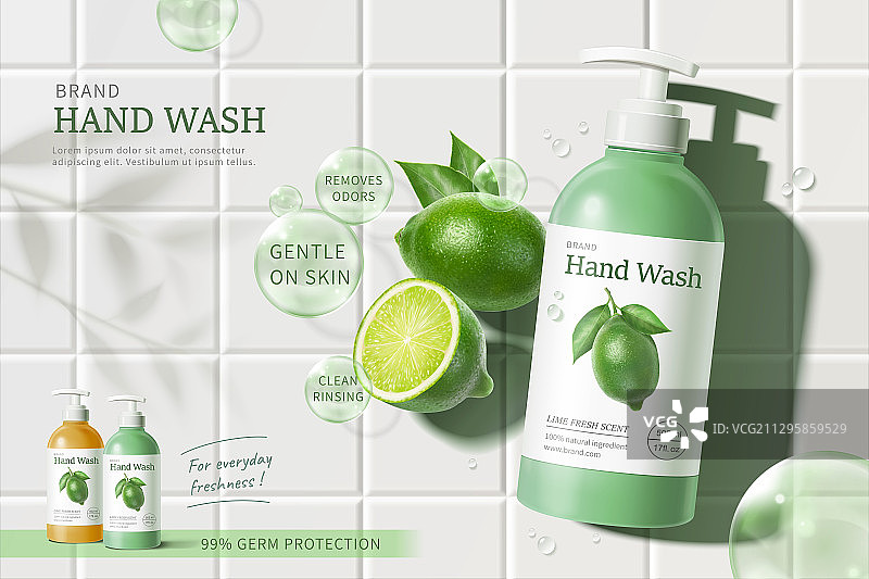莱姆洗手液广告与白色瓷砖背景图片素材