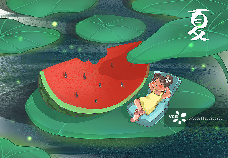 夏夜荷花插画图片素材