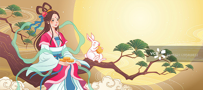 中秋的嫦娥坐在树枝上图片素材