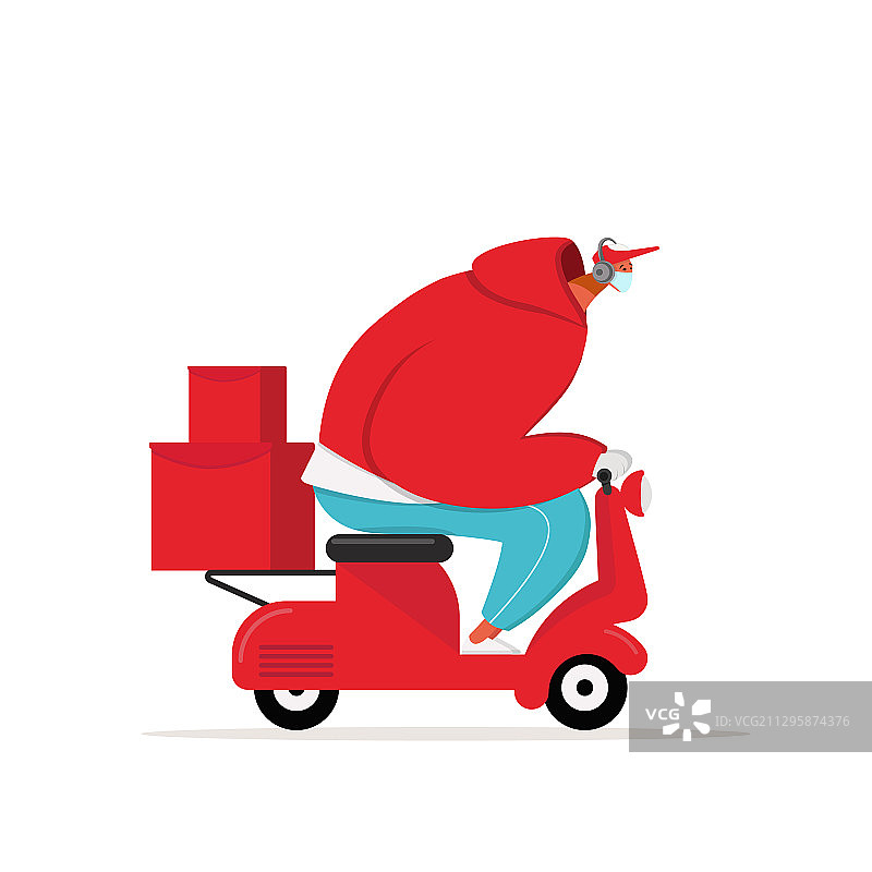 戴口罩的快递员骑着摩托车送餐图片素材